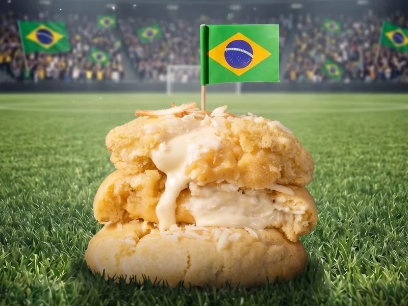Cookie de coco com maracujá e raspas de coco por cima, com a bandeira do Brasil em cenário de estádio.