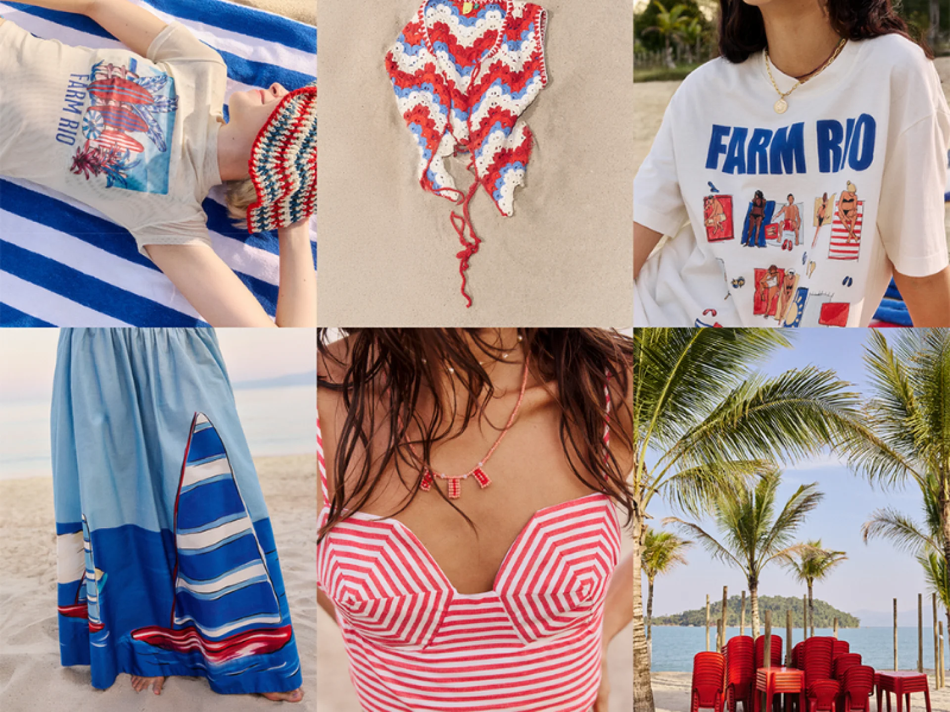 Uma colagem com diversos looks e cenas de praia: no topo, camisetas, o top de crochê e o gorro; na parte inferior, a saia de veleiros, o top listrado vermelho e branco, e cadeiras empilhadas em uma praia tropical.