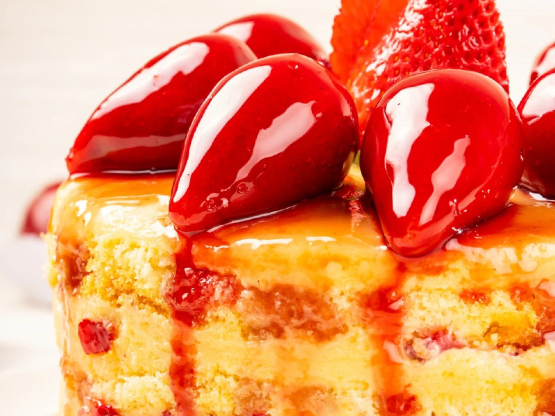 Morangos inteiros e brilhantes sobre uma torta. A calda de caramelo escorre sobre a superfície e a massa da torta é visível na parte inferior da imagem. Morangos inteiros e brilhantes sobre uma torta. A calda de caramelo escorre sobre a superfície e a massa da torta é visível na parte inferior da imagem.
