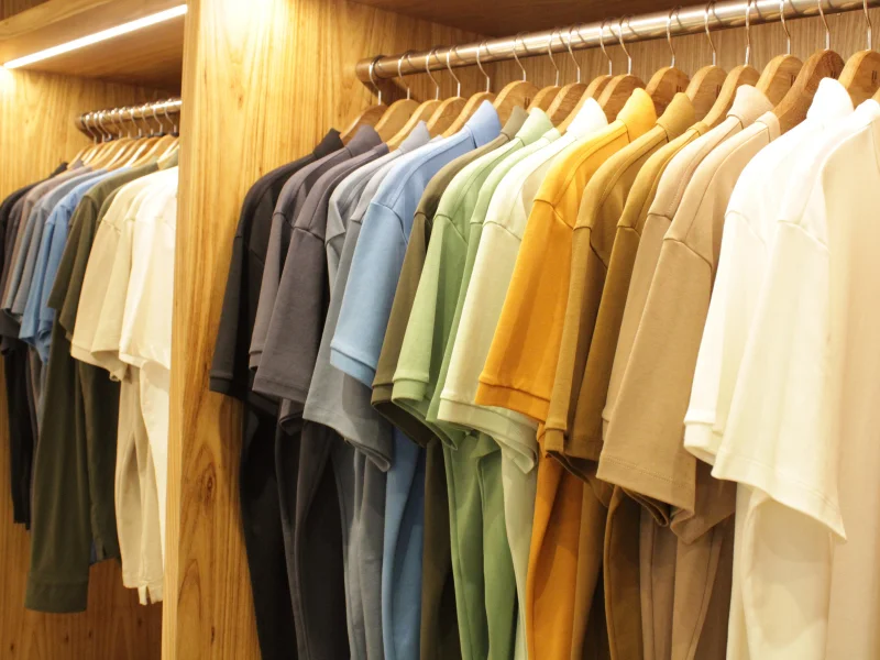 Uma seção da loja com prateleiras de madeira clara, onde muitas camisetas de manga curta estão penduradas lado a lado. As cores variam em degradê, do branco e cinza ao verde, mostarda e azul.