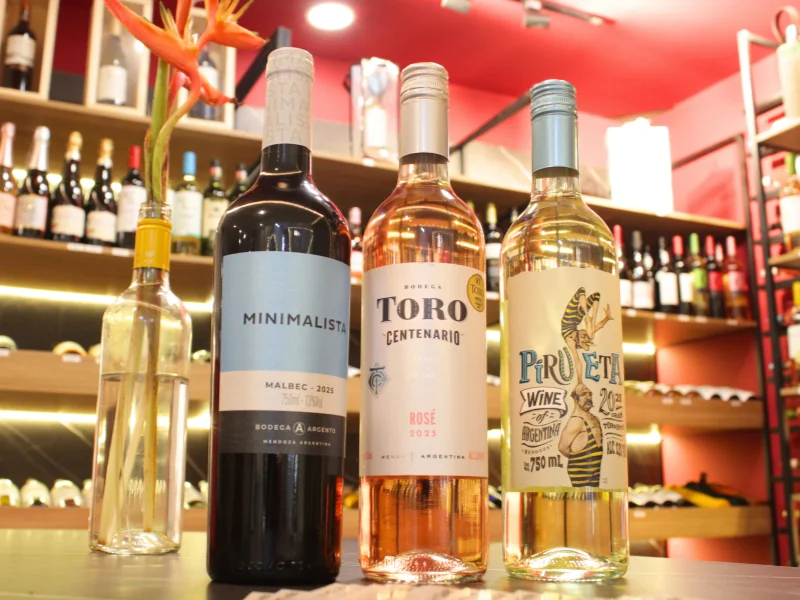 Três garrafas de vinho (Minimalista, Toro Centenario e Pirueta) em destaque sobre um balcão, com a loja ao fundo.