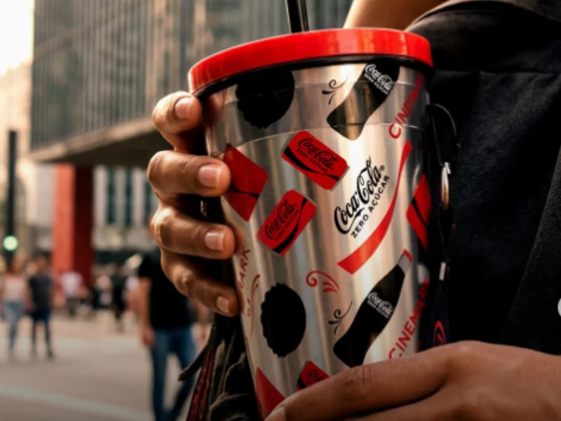 Esta imagem destaca um copo colecionável metálico, fruto de uma colaboração entre a Coca-Cola Zero Açúcar e a rede de cinemas Cinemark.