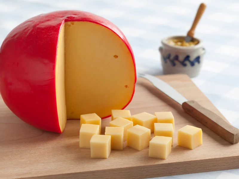 Queijo do Reino esférico de casca vermelha com uma fatia retirada sobre uma tábua de madeira. À frente, pequenos cubos de queijo amarelo estão empilhados para servir.