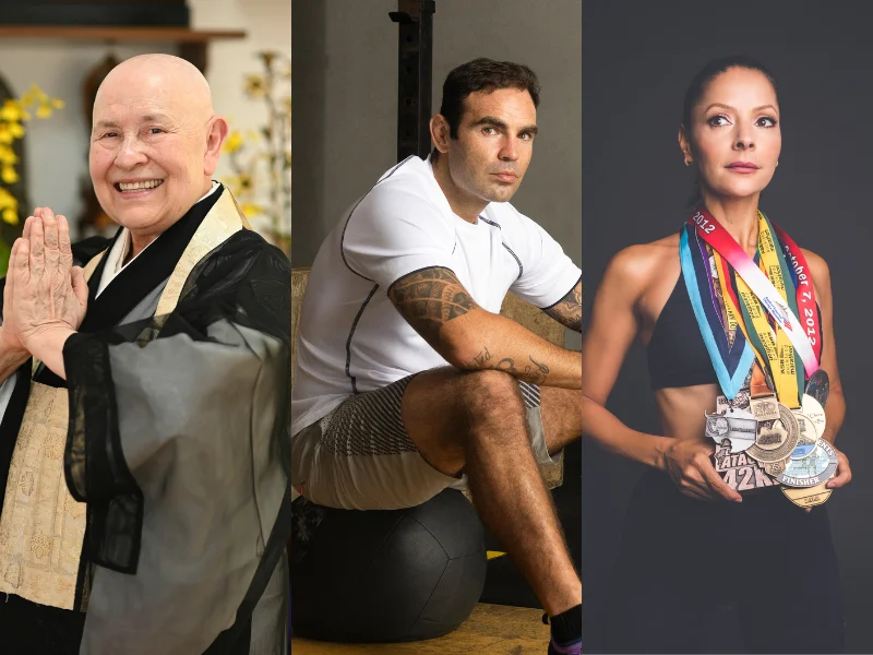 Tríptico com três retratos: a monja Coen em gesto de saudação com as mãos unidas; Chico Salgado sentado sobre uma bola de exercícios em ambiente de academia; e Maria Mattos exibindo diversas medalhas de corrida penduradas no pescoço.