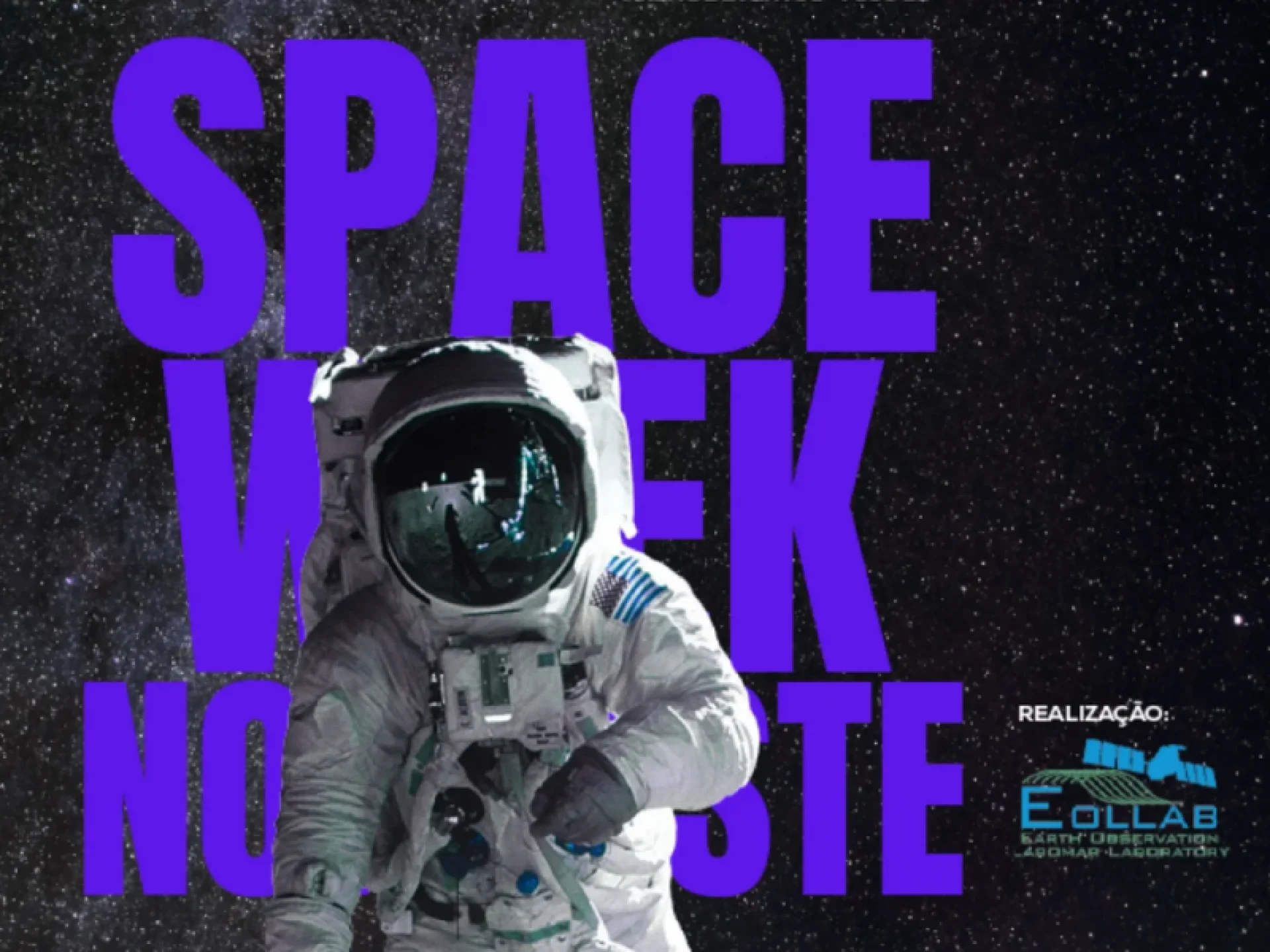 O astronauta flutua no espaço no fundo estrelado. O texto promove a Space Week Nordeste, realizada de 20 a 21 de setembro de 2025, no RioMar Recife. Os logotipos da Space Week e da E. Collab aparecem no canto superior direito e no canto inferior direito.
