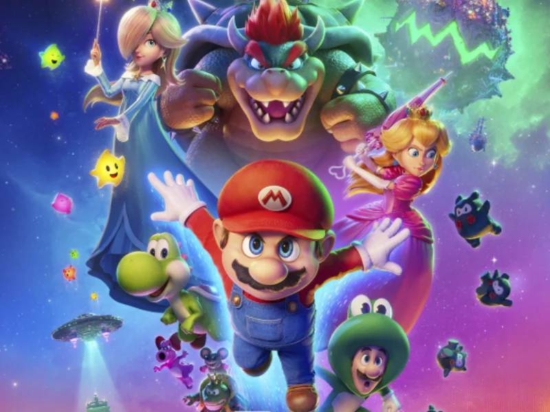 Mario lidera uma vibrante aventura espacial cercado por Yoshi, Peach, Rosalina e Bowser, em um cenário cósmico repleto de referências aos jogos.